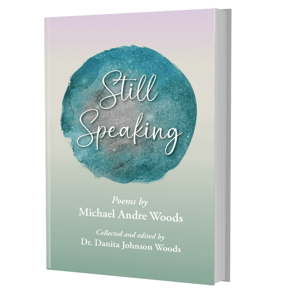Poetry book cover "Still Speaking" teal circle