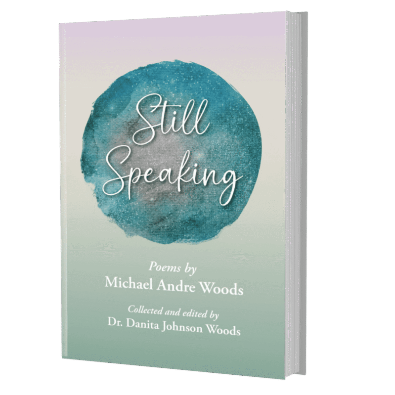 Poetry book cover "Still Speaking" teal circle